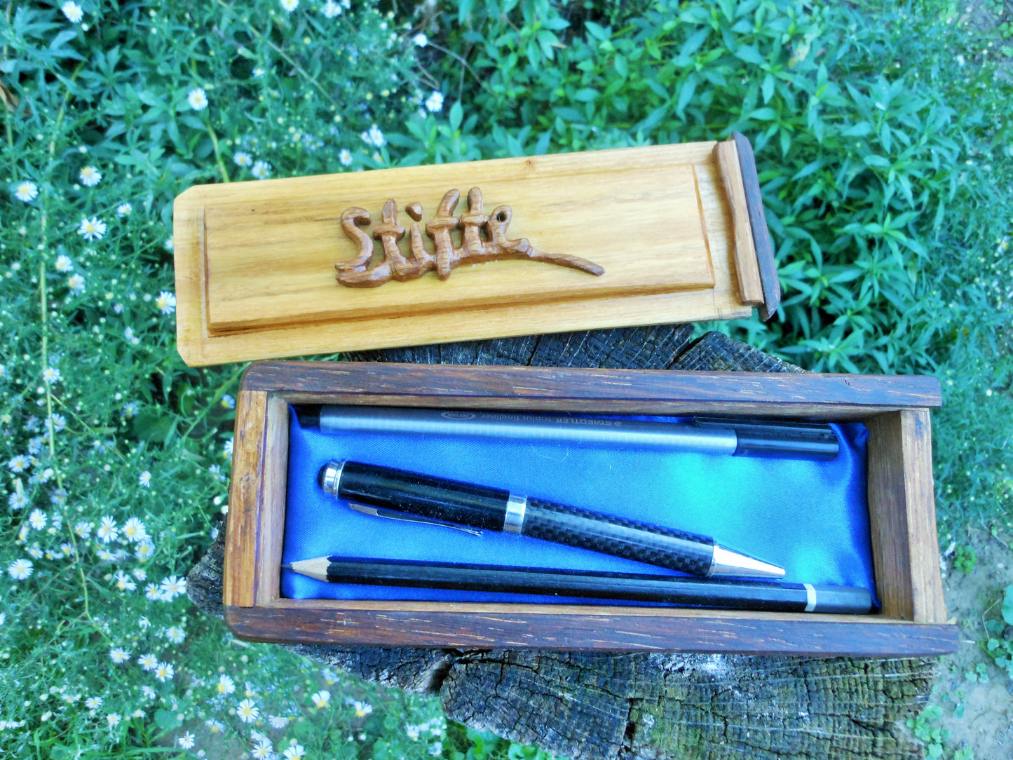 Stiftbox Schreibtischbox Pencel box altes Eichenholz und Akazienholz Handarbeit - BalkanwoodDesign Handmade